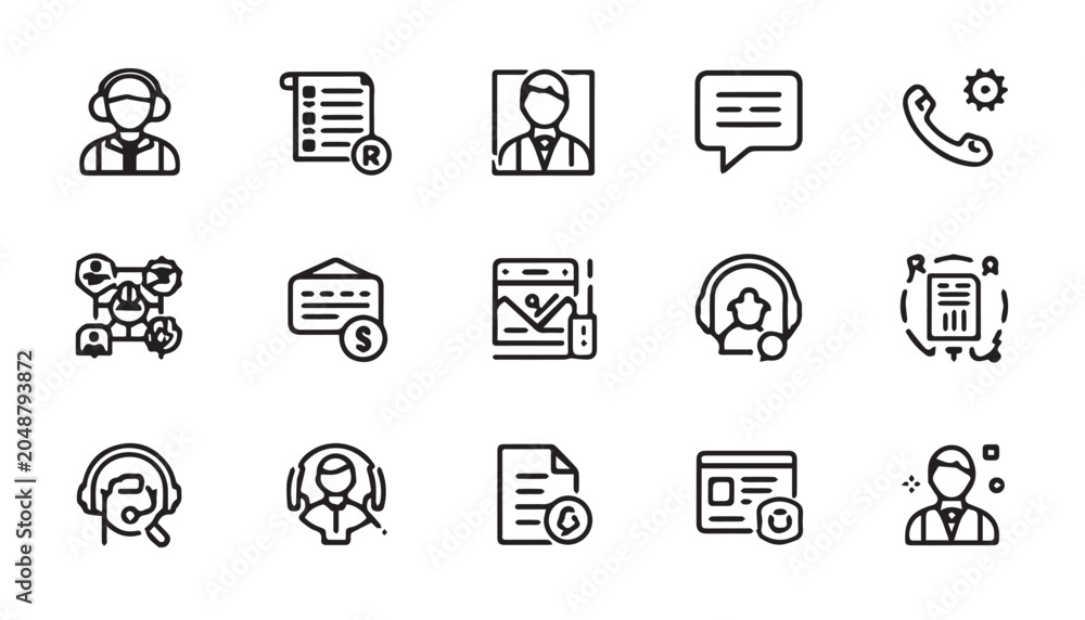 Fototapeta premium Customer service and call center linear icon set in thin line style