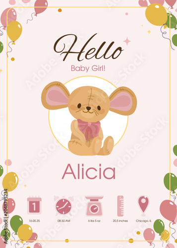 Принти на полотні Baby girl birth announcement card with cute mouse, balloons and stats icons