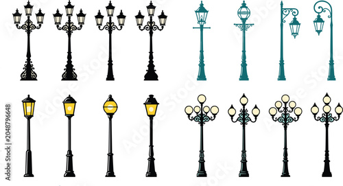 Cuadro en lienzo Vintage Street Lamp Illustrations with Ornate Lantern Designs and Classic Urban