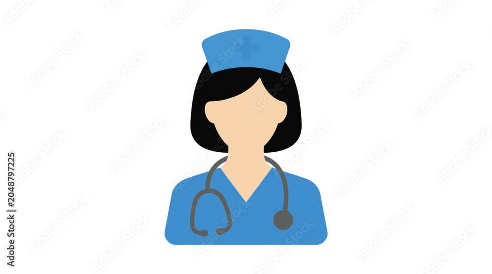 Fototapeta premium Minimalist vector illustration of a professional nurse wearing a blue uniform and a medical stethoscope