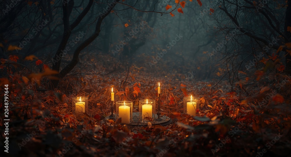 Obraz premium Enchanting flickering candles in an autumn forest with a dark natural abstract background creating a mysterious fairy tale atmosphere