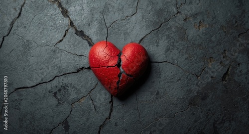 Red heart showing heartbreak on cracked textured surface symbolizing lost love and emotional pain