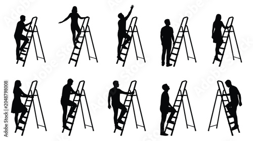 Black vector illustration set of people climbing ladders in various poses for business graphic design