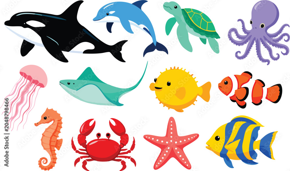 Fototapeta premium Underwater Sea Animal Watercolor Art Vector Design Collection