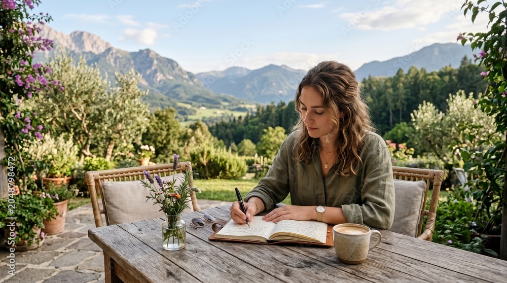 Fototapeta premium Woman writing in notebook outdoors in garden with mountain view