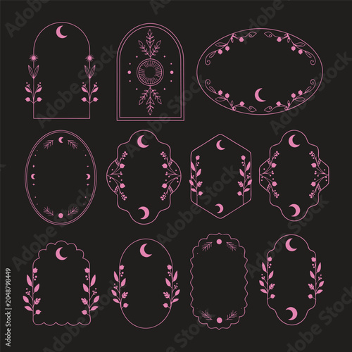 Celestial themed Floral Ornate Frames Pink Vector Illustration