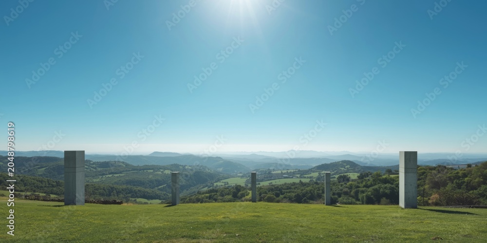 Fototapeta premium Simplified landscape design with green hills and vacant concrete pillars in a panoramic blue sky setting