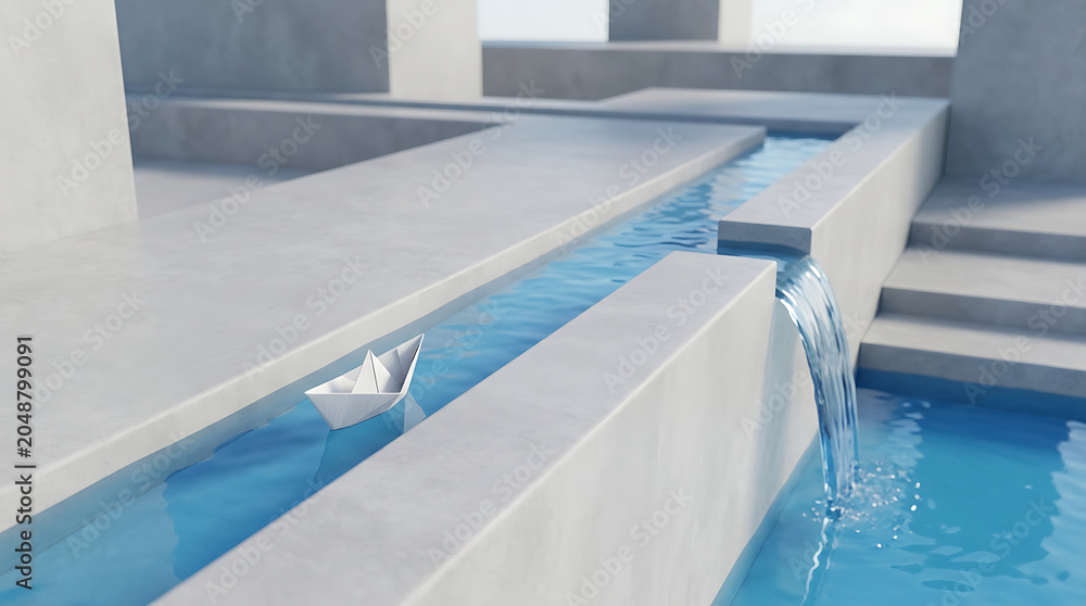 Fototapeta premium Minimalist 3D Render of a White Paper Boat Floating on Blue Water in Concrete Architecture