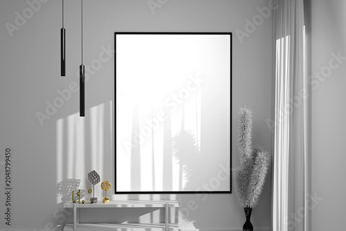 Modern Poster Frame Mockup in Minimalist Interior with Natural Light and Shadow