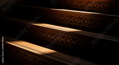 Warm sunlight casting shadows on dark wooden staircase in moody interior setting