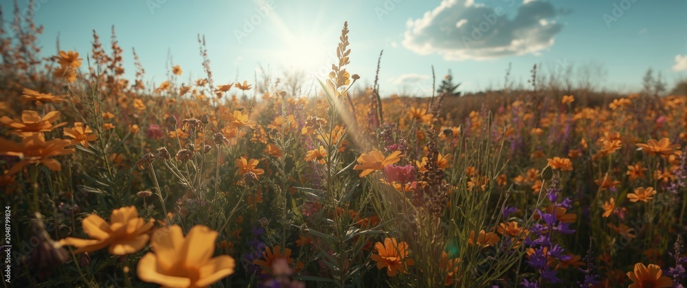 Obraz premium Radiant autumn sunshine enhancing a large wildflower garden