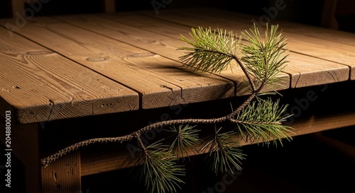 Small green pine branch sprouting on rustic wooden table in soft natural light