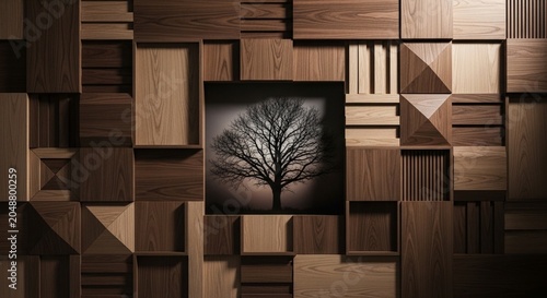 Minimalist tree silhouette framed in geometric wooden wall with warm natural lighting