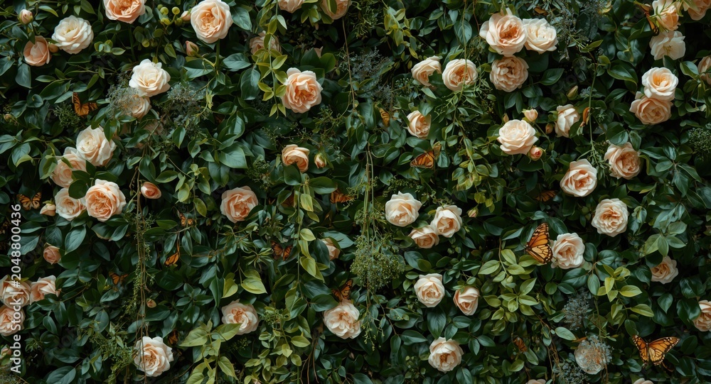 Fototapeta premium Living wall covered in lush greenery with delicate pink roses and butterflies