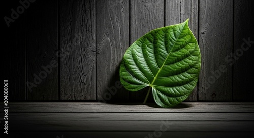 Single Vibrant Green Leaf Resting on Dark Wooden Surface in Soft Natural Light