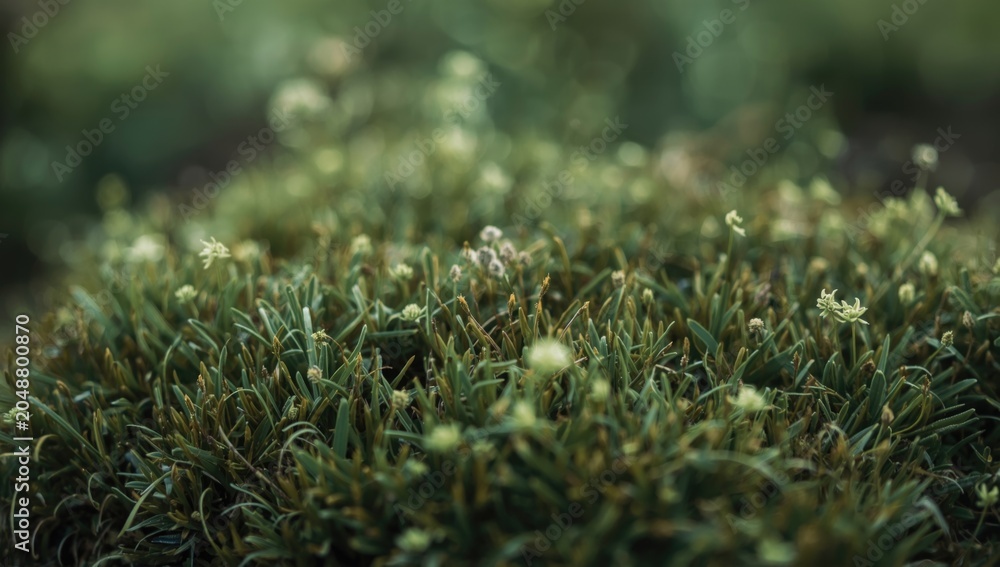 Obraz premium Macro shot of a compact patch of grass interspersed with delicate green flora