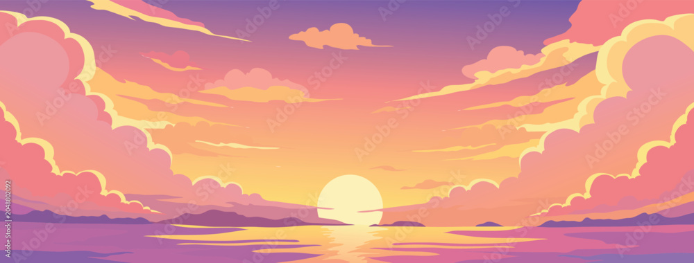Εκτύπωση καμβά Beautiful pastel sunset landscape over the ocean with soft colorful clouds vecto