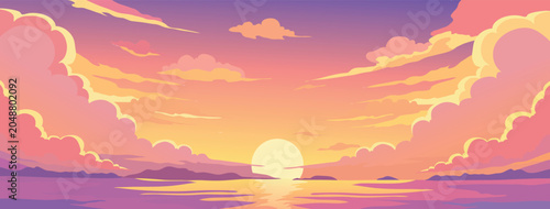 Beautiful pastel sunset landscape over the ocean with soft colorful clouds vector illustration