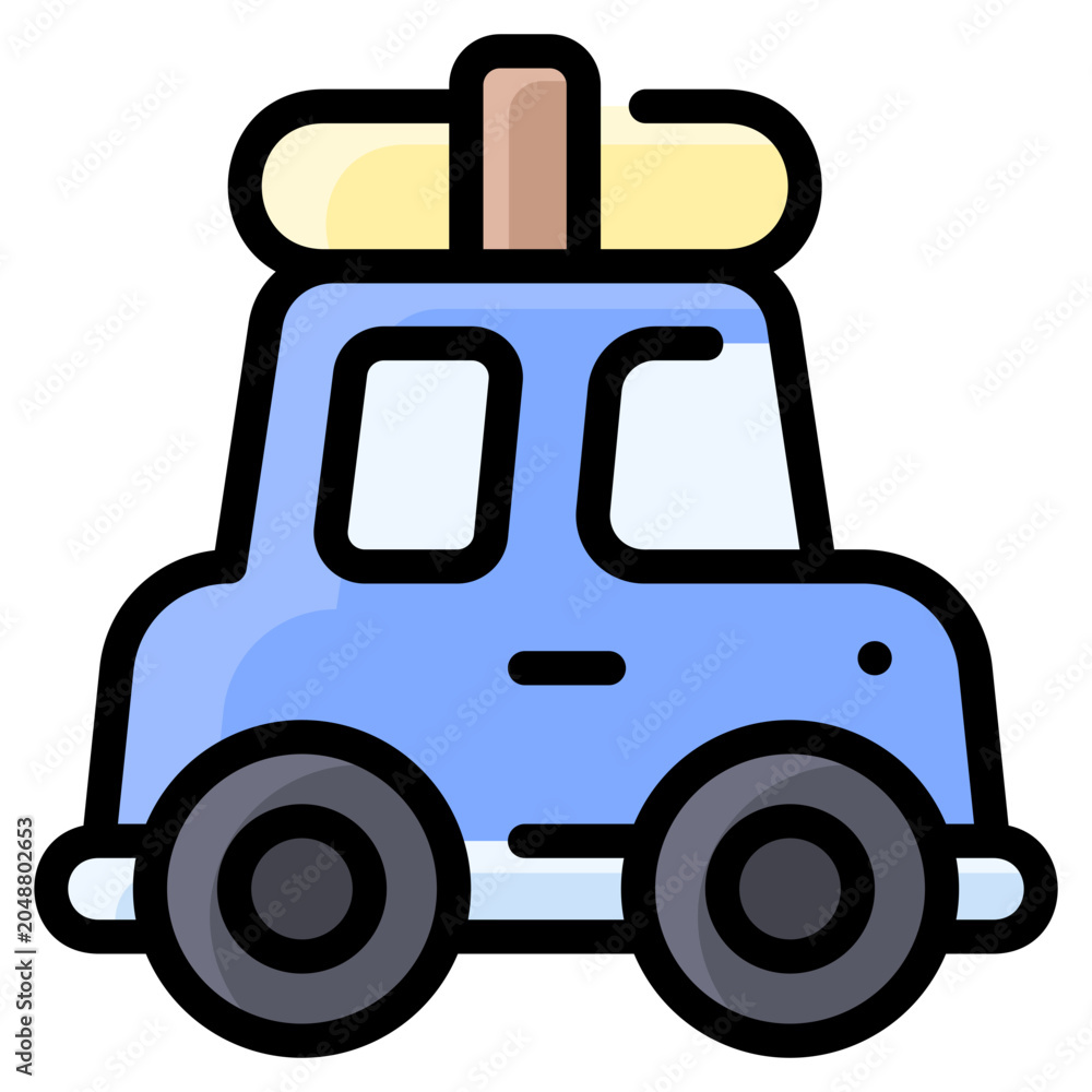 Naklejka premium Small blue car icon with luggage on roof for summer road trips automobile vacation transport transportation roadtrip adventure movement illustration interface business mobility delivery