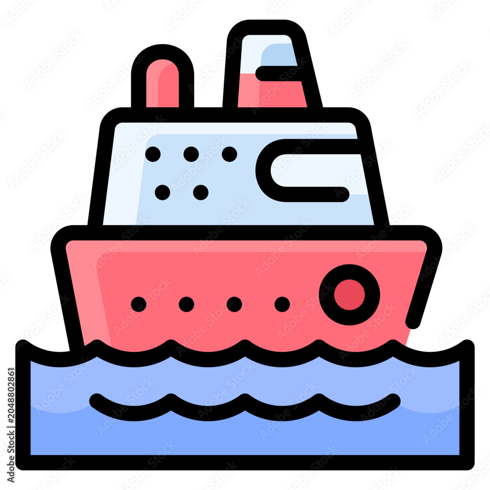Fototapeta premium Cruise ship icon traveling on water waves representing ocean travel and maritime transport with transport navigation shipping vacation traveling nautical isolated background interface