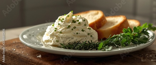 Whipped cream cheese with finely chopped chives served with sliced bread and fresh herbs on the side