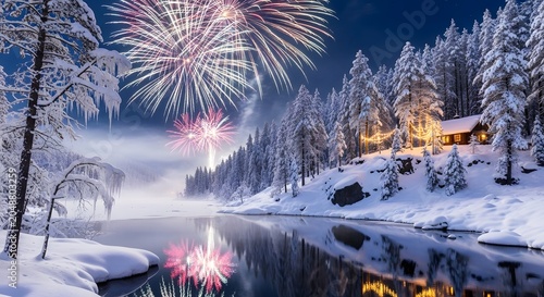 Bright fireworks celebration over a snowy forest landscape with a cozy wooden cabin and calm lake reflection