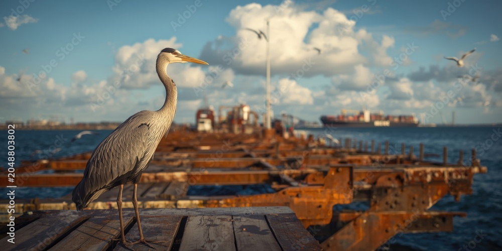 Fototapeta premium majestic crane stationed on a dynamic harbor pier