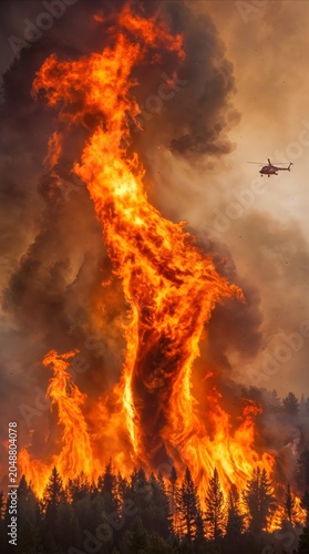 Blazing fire tornado rising from burning pine forest. Rescue helicopter monitoring wildfire disaster.