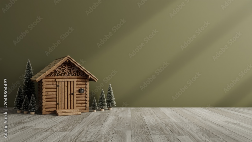 Obraz premium Wooden cabin and conifer tree ornaments displayed on a textured grey floor with olive green backdrop