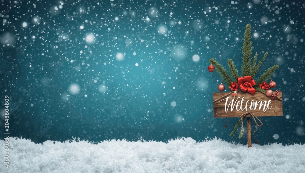 Obraz premium Copy space with teal blue snowy backdrop and red Christmas decorations on welcome sign