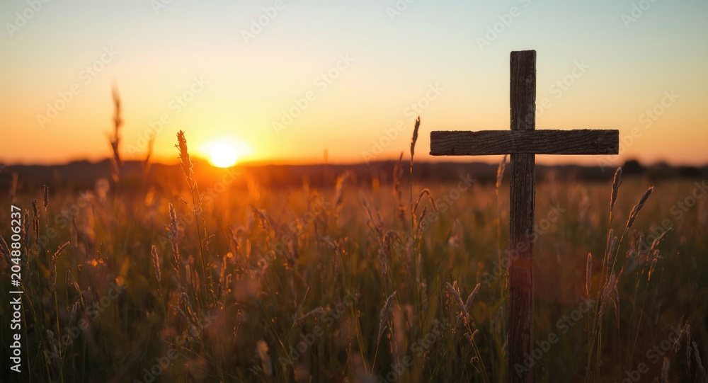 Obraz premium Sunset meadow glowing with soft bokeh and a rustic cross