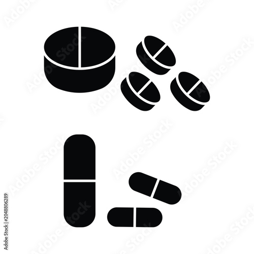 Pills icon Vector Illustration, Pills and Tablets set. Pharmacy pill. , Set of tablet icon in linear style, Pill capsule in line icon, Vitamin sign, capsule icon, Drug sign and medicine sign isolated.