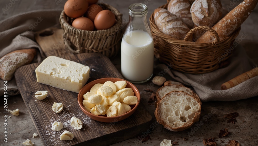 Fototapeta premium Rustic styled dairy selection featuring soft cheese in clay dish and milk on dark boards with eggs and bread plus copy space