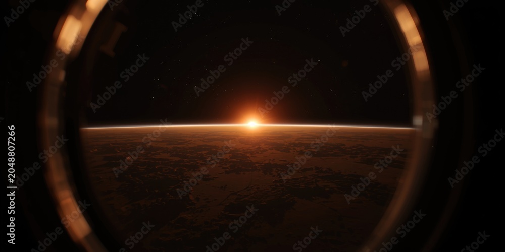 Obraz premium Spectacular planetary dawn observed from a spacecraft with sun rising over surface