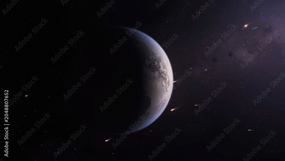 Obraz premium Planetary and satellite illustration in deep space with craters, stars, and passing comets