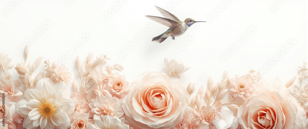 Fototapeta premium Linear hummingbird silhouette gliding above floral design on bright white backdrop