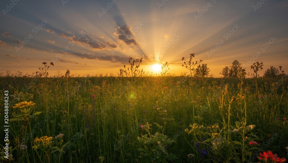 Obraz premium Radiant sunset beams shining down on wildflower meadow