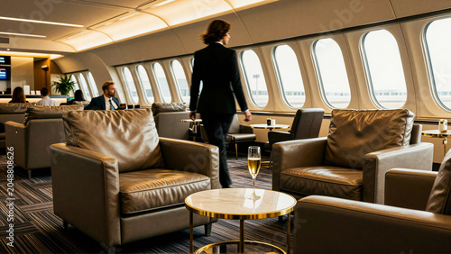 Elegant business class lounge with passengers enjoying a luxurious travel experience