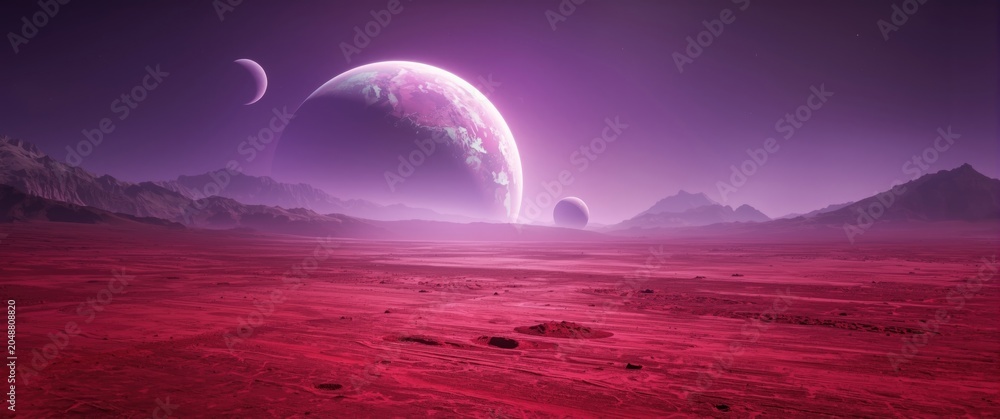 Obraz premium Video game inspired alien surface showing red soil and large planets beneath a purple sky