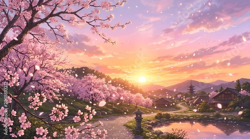 Sakura Sunset Sky Illustration Ai Generated