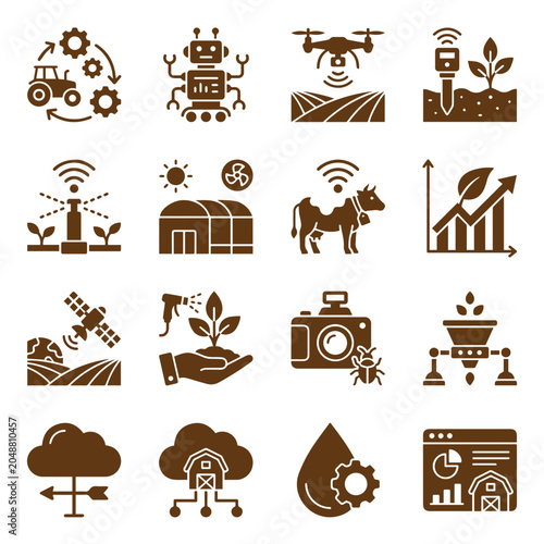 Precision agriculture and smart farm technology icons for digital ecosystems