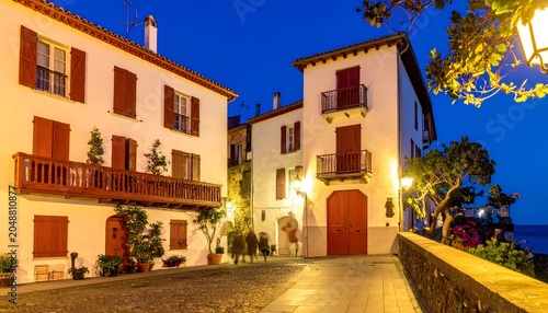Whitewashed buildings with red accents line a cobblestone street at dusk, near the sea