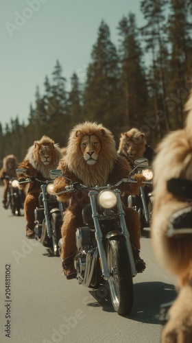 Anthropomorphic Lions Riding Motorcycles Along a Forest Road