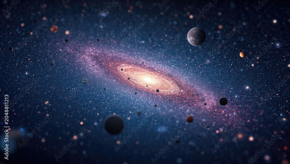 Obraz premium Two dimensional cartoon art depicting a galaxy densely packed with stars planets and moons for sci fi background