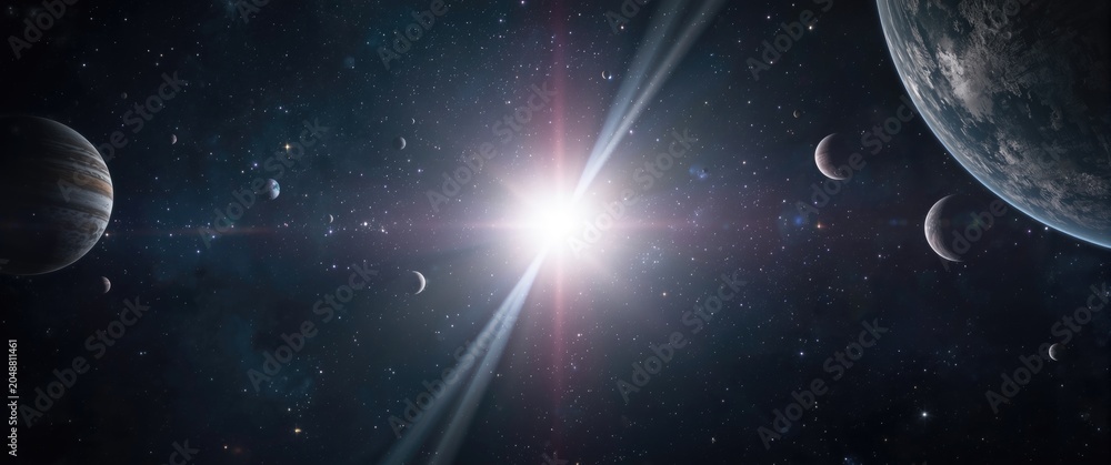 Obraz premium spacecraft positioned before a bright collection of celestial bodies
