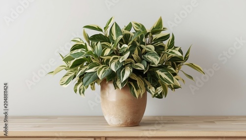 Indoor variegated Ficus Benjamina plant growing healthily in a pot with visible leaf variegation