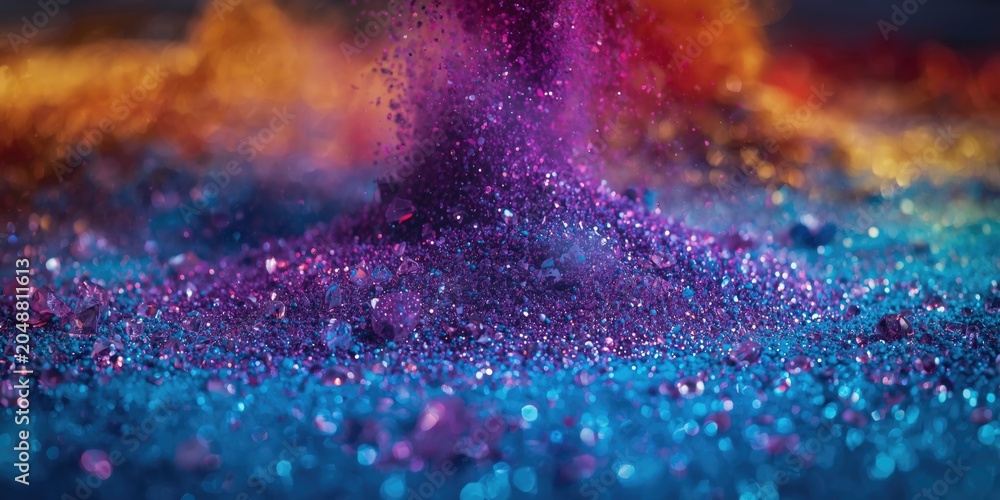 Obraz premium Shimmering metallic sand particle ink spill texture in blurred colorful backdrop