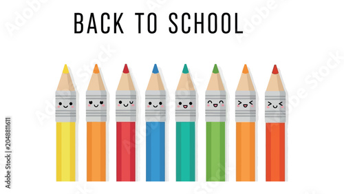 Bilde på lerret Back to School Pencils: A group of cute, anthropomorphic pencils in various bright colors, each with a unique smiling face, stands ready for the new academic year