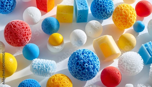 Colorful collection of various sponges and porous objects in soft lighting
