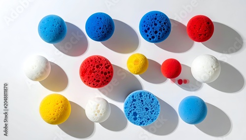 Arrangement of colorful, porous spheres on a white surface, lit evenly from above